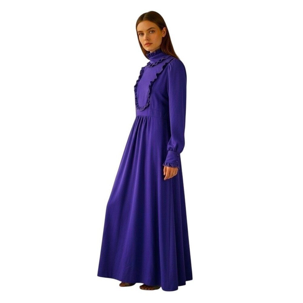 Vintage 70's Victorian Revival Dark Purple High-Neck Ruffle Maxi Dress Size 7
